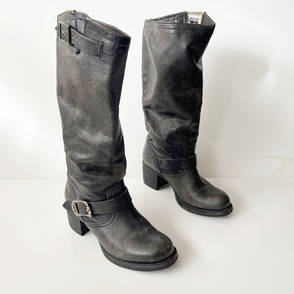 Vintage Frye Slouch Campus Boots Size 8 Black Leather Moto Biker Knee High Tall - Picture 4 of 14